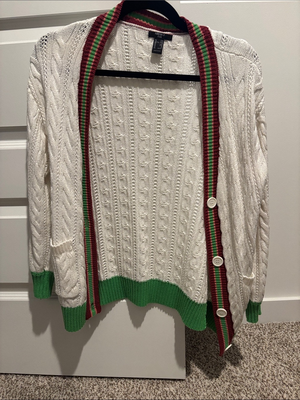 Talbots Cream Cable Knit Cardigan with Green and Red Trim